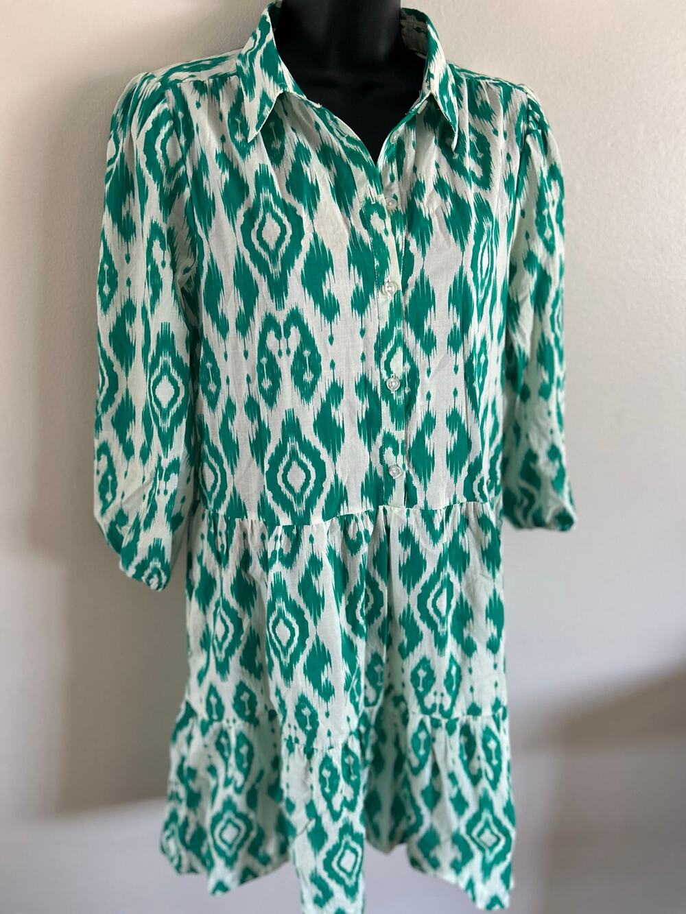Ellen Tracy Women’s Small Green Ikat Print Button-Front Shirt Dress